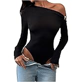 Milumia Women's Off The Shoulder Bodysuits Top Y2k Metal Long Sleeve Rave Going Out Leotards Tops