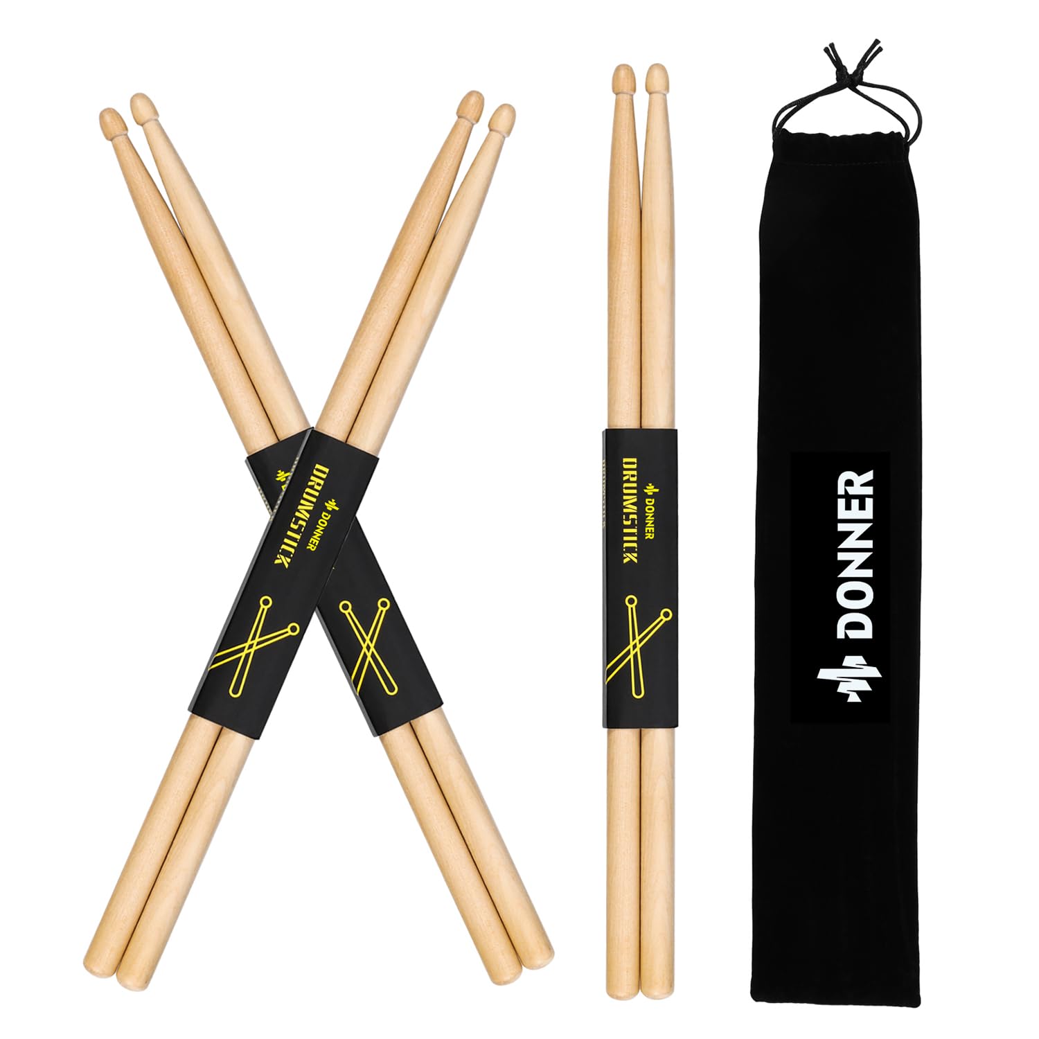 Donner Drum Sticks 5A Classic Maple Wood 3 Pair with Carrying Bag