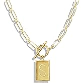 Gold Initial Necklaces for Women, Toggle Clasp Square Letter Pendant Necklace Trendy 14K Gold Plated Dainty Paperclip Chain Necklaces for Women Jewelry Gifts