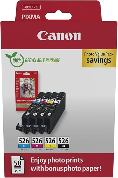 Canon CLI-526 Black Cyan Magenta Yellow Ink VALUE Pack + 50 Photo Paper Sheets