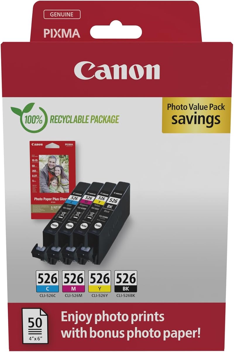 Canon CLI-526 Black Cyan Magenta Yellow Ink VALUE Pack + 50 Photo Paper Sheets