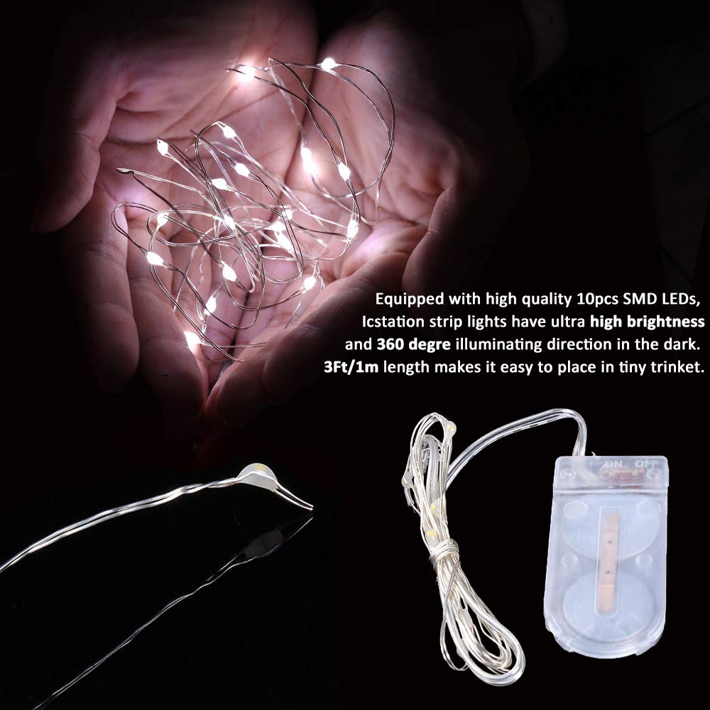 Icstation 3ft/1m Fairy String Light Pure White Strip Lights 10 Micro LED CR2032 Battery Powered Waterproof for Christmas Garden Patio Wedding Bedroom Decoration (Pack of 10)