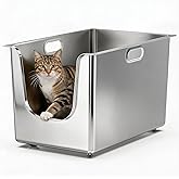 Stainless Steel Litter Box 13.8'' High Sides, XL Metal Cat Litter Box with Curved Low Entry, Cat Litter Pan for Big & Multipl