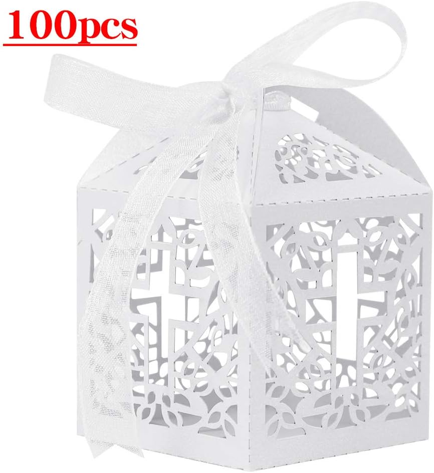 Lucky Monet 25/50/100PCS Cross Laser Cut Candy Gift Boxes Baptism Favor Boxes for Christening Baby Shower Wedding Party Church Decoration with Ribbon (100pcs, White)