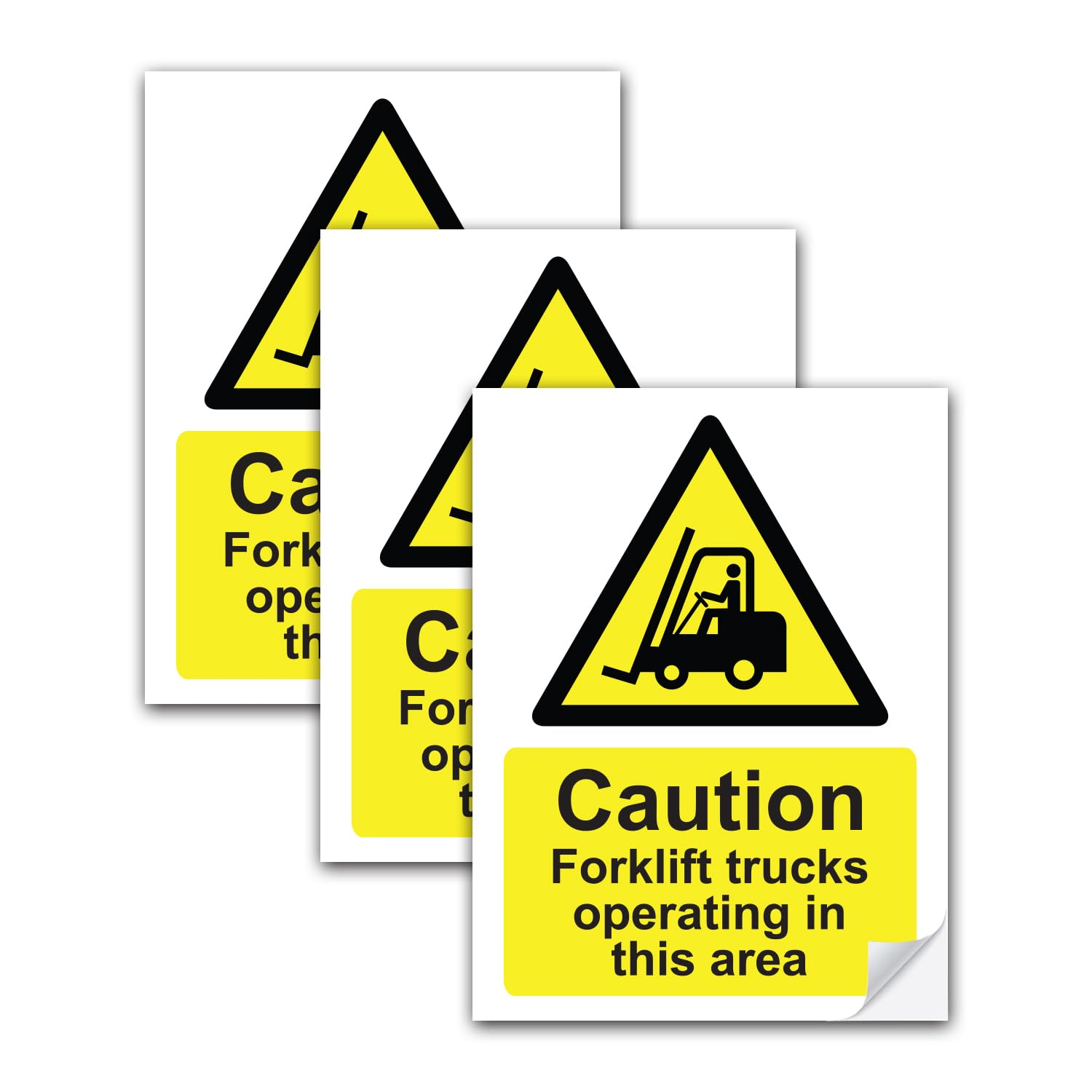 SAFESIGN (3 Pack) Caution Forklift Trucks Vinyl Sign Stickers 200 X 150mm - Waterproof Fork Lift Truck Vinyl Conforms to EN ISO 7010:2012 Warehouse Commercial