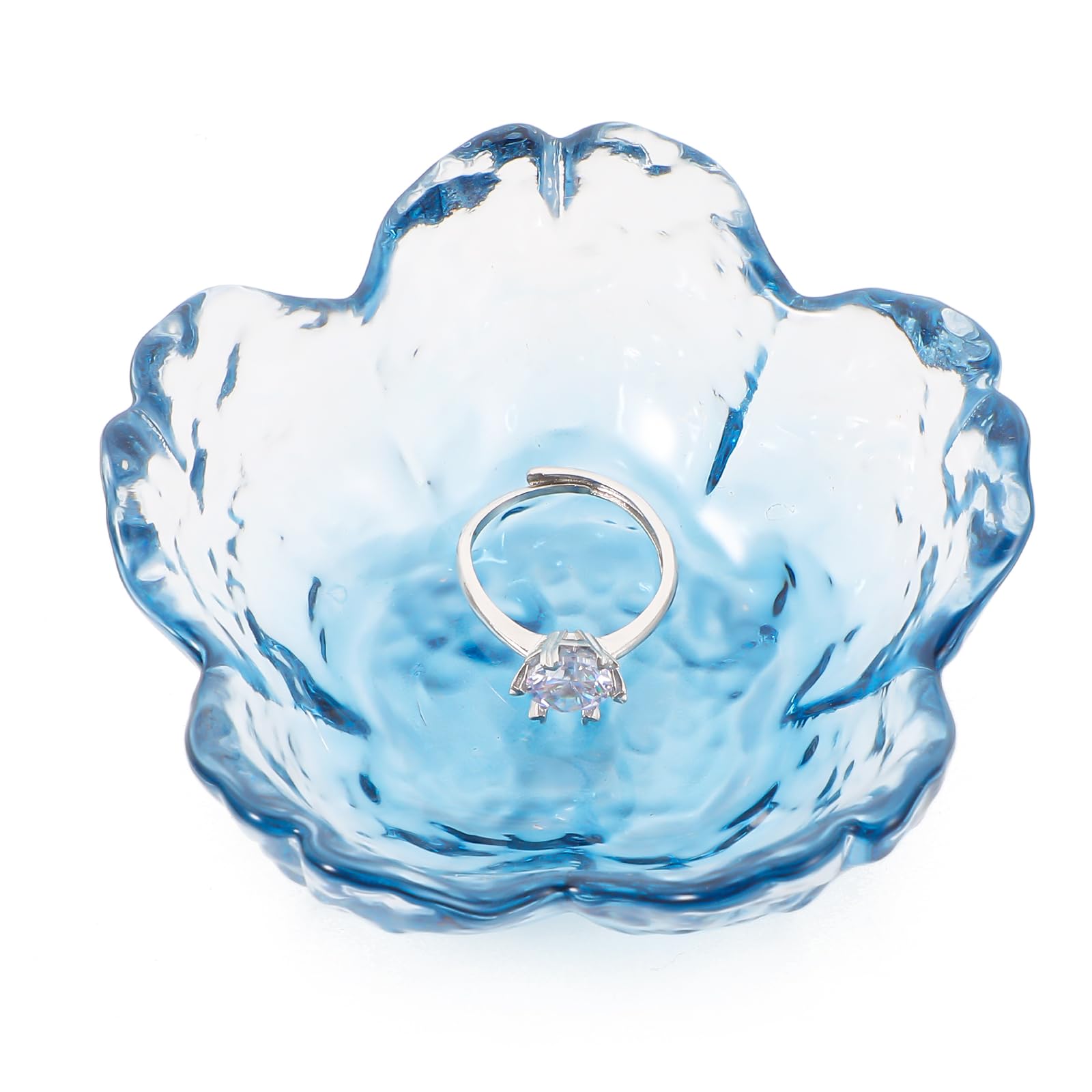 Qianyu Blue Flower Ring Dish Small Key Bowl Aesthetic Glass Trinket Tray Engagement Wedding Ring Holder Plate Room Decor Jewelry Dish Organizing Necklace Earrings for Mom Friend Sister