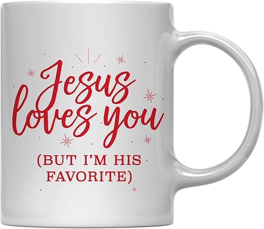 Amazon Com Andaz Press 11oz Funny Christmas Coffee Mug Gag Gift Jesus Loves You But I M His Favorite 1 Pack Office Coworker Family White Elephant Gift Ideas Under 10 Or 15 Kitchen Dining
