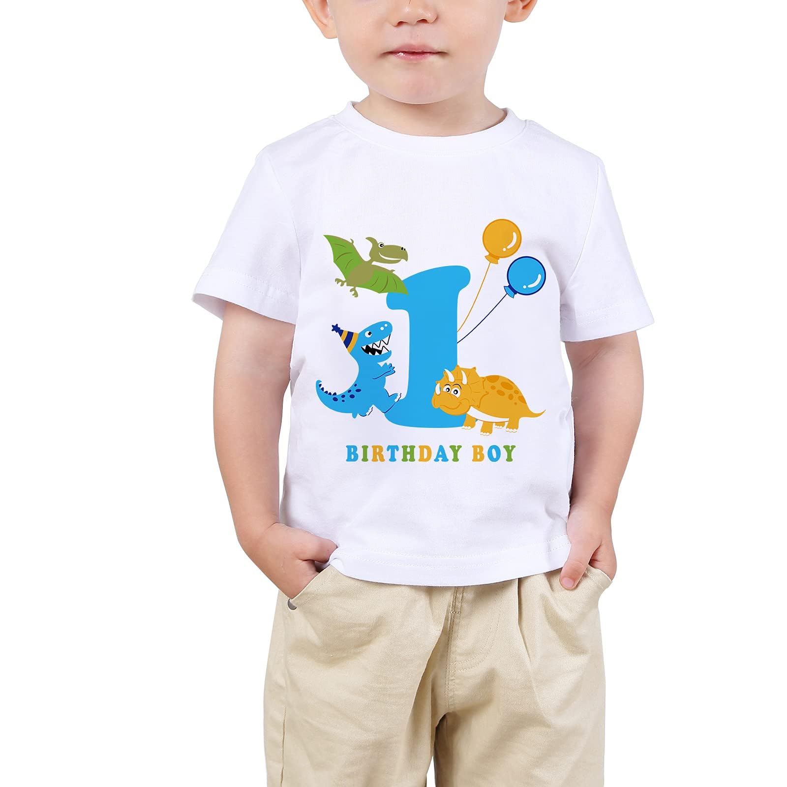 AMZTM 1st Boy Dinosaur Birthday Shirt Dinosaur First Birthday Outfits for Toddler Baby White