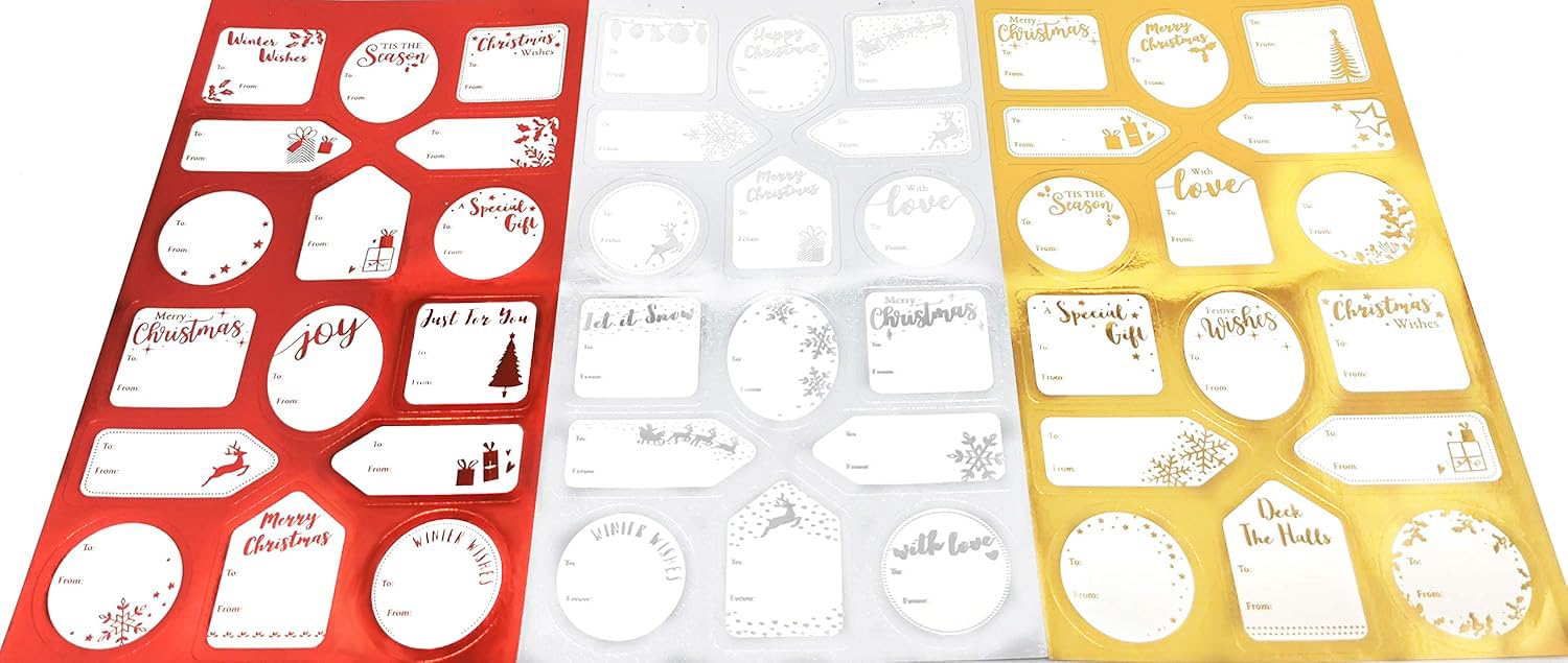 144 Christmas Foil Gift Stickers – Red, Gold & Silver – Festive To/From Labels for Presents – Mixed Sizes – Self-Adhesive Gift Tags for Xmas Wrapping