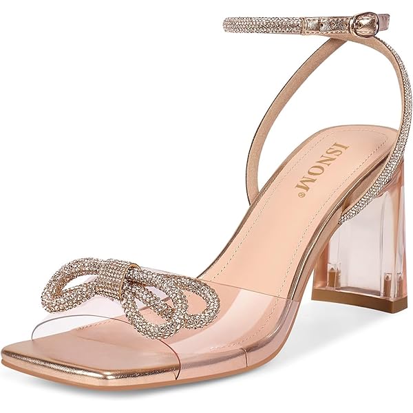 Amazon.com | MissHeel Sparkly Bow Heels 2 inch Rhinestone Chunky Heel Nude  Glitter Open Toe Diamond Heels Ankle Strap Sparkling Crystal Heels Size 5 |  Shoes