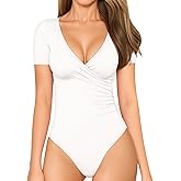 MANGOPOP Women's Cross Wrap Ruched Plunge Neck Deep V Long Sleeve Short Sleeve Bodysuits