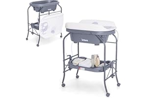 INFANS 2 in 1 Baby Changing Table with Bath Tub Unit, Folding Diaper Dresser Station with Wheels Waterproof Pad Storage Rack, Portable Nursery Organizer Stand for Newborn Infant