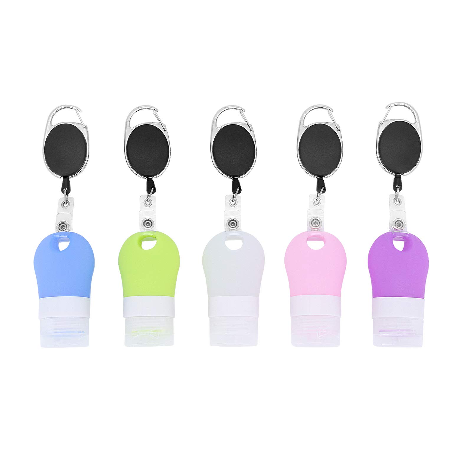 5 Pcs Silicone Travel Bottles Set, Portable Refillable Bottle with Retractable Carabiner Leak-Proof Empty Travel Containers for Liquid Hand Soap Toiletries, 38ml