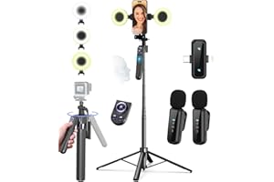 BEFAME Vlogging Kit for iPhone/Android, 63” Auto Face Tracking Tripod for iPhone with Light, Wireless Microphones, Remote Control for TikTok, YouTube Starter Kit for Content Creator