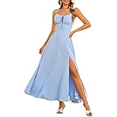 Parthea Womens Spaghetti Straps Corset Dress Boho Flowy Slit Square Neck Casual Midi Dresses
