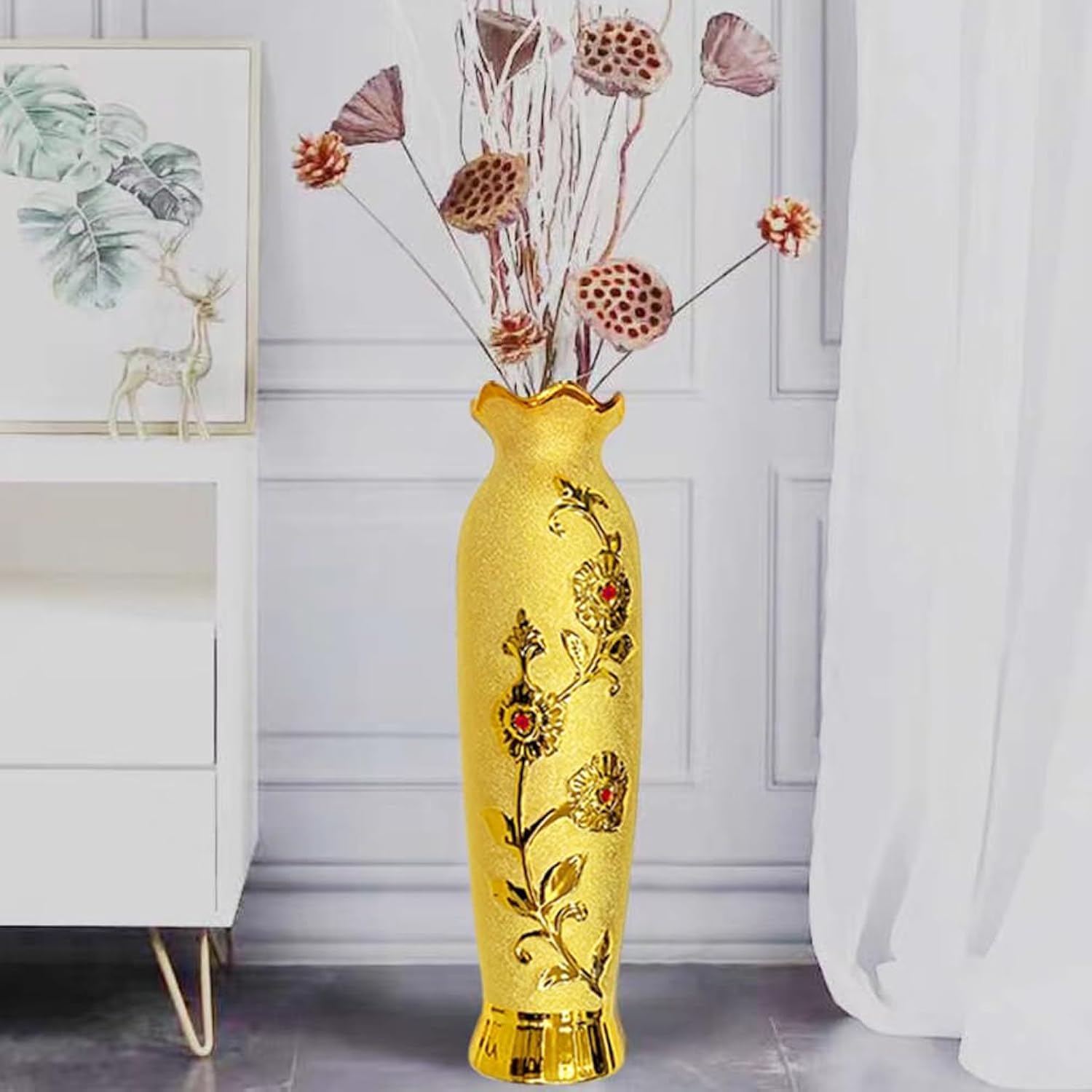 Photo 1 of 24 Inches Tall Floor Vase Extra Large Ceramic Decorative Vase Handmade Gold Floor Vase for Living Room Office Decor (HE60)