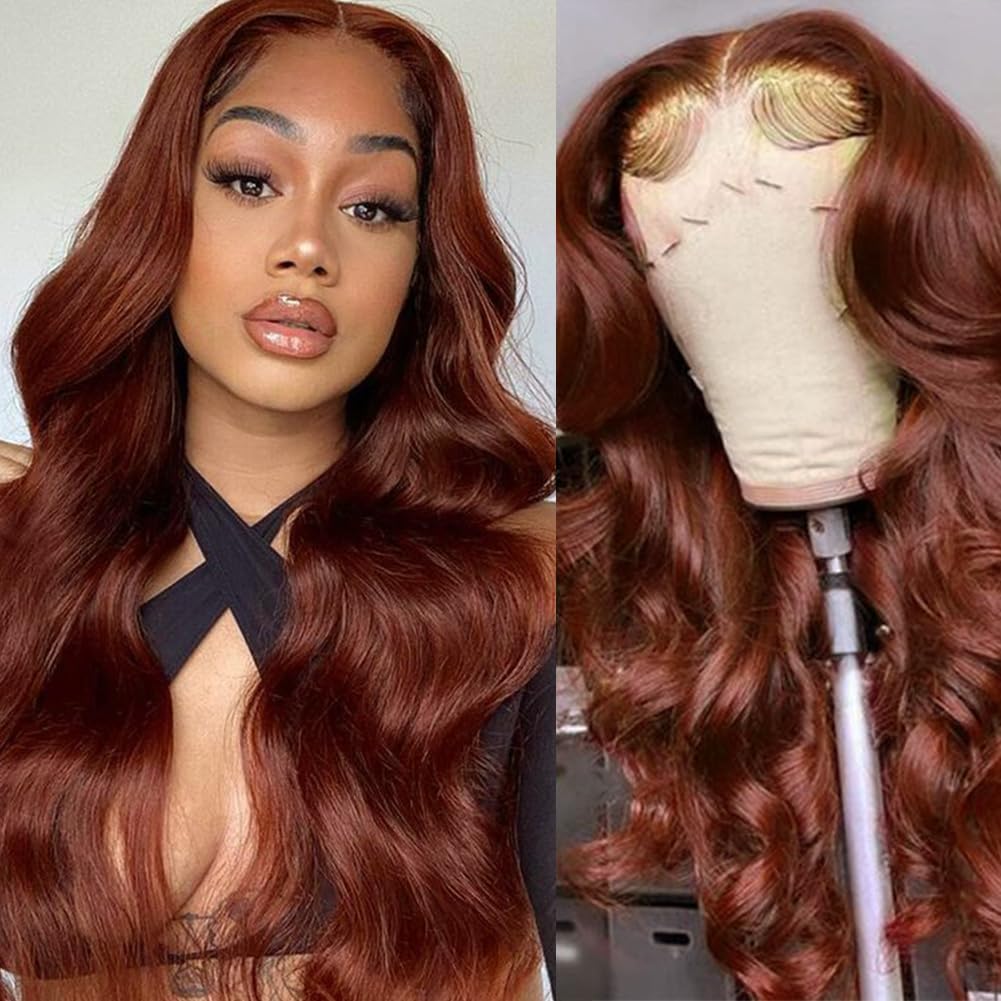 DÉBUT Bright Reddish Brown Body Wave Lace Front Wig 13×4 HD Human Hair for Women 180% Density Pre Plucked With Baby Hair Glueless (26 Inches, 33A)