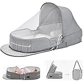 Baby Travel Bassinet Portable Bassinets, Foldable Carry Bag Bassinet Travel Crib, Lightweight Baby Lounger Pod Infant Bed with 2-1 Mosquito & Canopy (Grey)