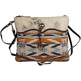 Myra Bag Purses for Women - Sun Serape Cowhide Purse and Tribal-Inspired Upcycled Woven Rug in Hues of Rust, Orange, Blues, and Ivory, Western Purses for Women