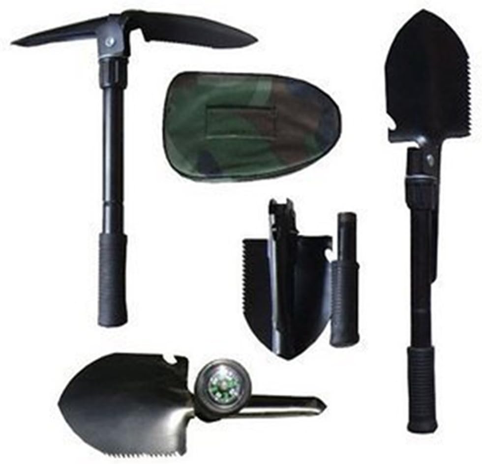 Jia Duo Duo Military Tactical Folding Shovel Multifunctional Pickaxe Mattock Hack Hoe for Camping Hiking Hunting Fishing Gardening With Compass