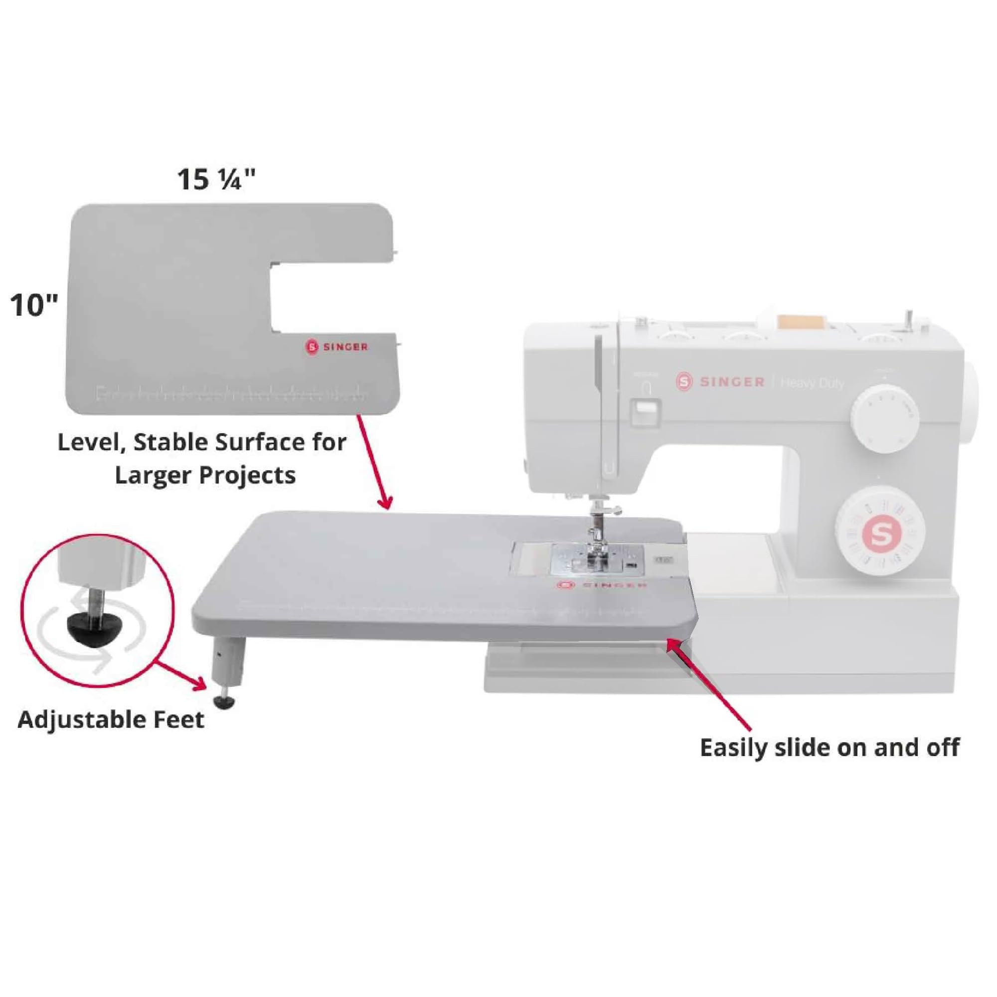 SINGER Gray Sewing Machines Extension Table for Heavy Duty Sewing Machines 4411, 4423, 4432, 4452, 5511, 5523, 5532, 6335 to sew Larger Projects with Ease, Professional Results, Foldable Leg