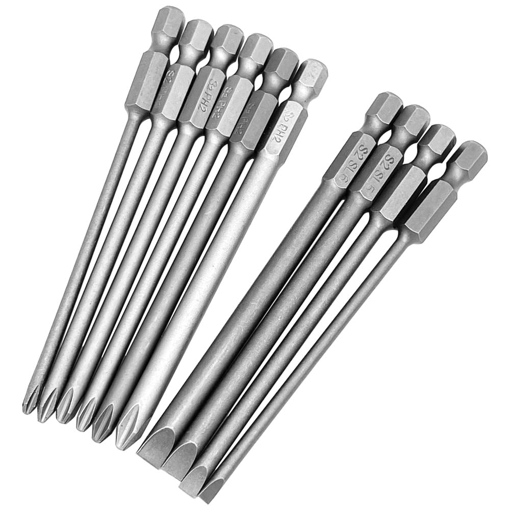 Saipor 10pcs 100mm Magnetic Flat Slotted Phillips Cross Head Screwdriver Bit Sets 1/4 Inch Hex Shank S2 Steel Screw Driver Drive Drill Bits for Electric Screwdrivers