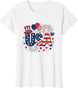 4th of July Shirts Cotton Crewneck USA American Flag T-Shirt T-Shirt