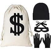 4 PCS Robber Costume Accessories Set, Include Canvas Dollar Sign Money Bags Bandit Eye Mask Knit Beanie Cap for Halloween Cosplay Burglar Theme Party