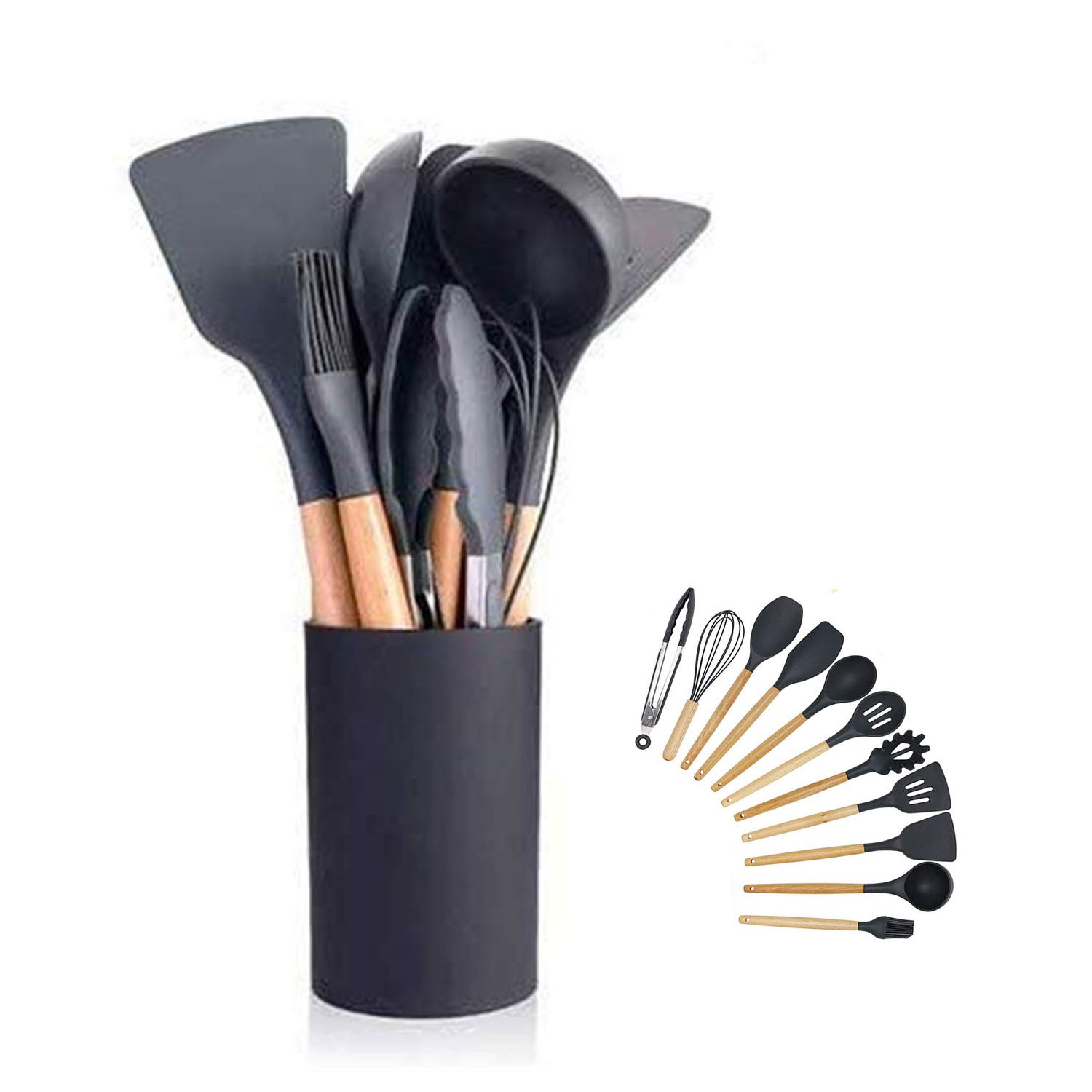 Silicone Cooking Utensils Kitchen Utensil Set - 446°F Heat Resistant,Turner Tongs,Spatula,Spoon,Brush,Whisk. Wooden Handles Gray Kitchen Gadgets Tools Set for Nonstick Cookware(Black-12pcs)