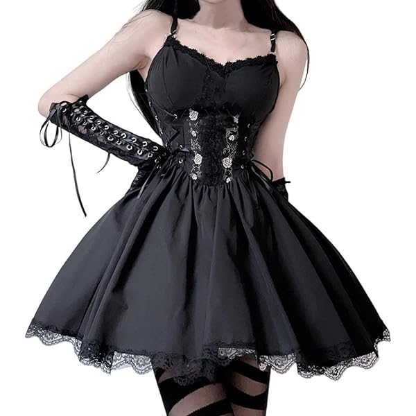 Women's Sleeveless Punk Gothic Dress - Vintage Lace High-Low Spaghetti Strap Lolita Cosplay Dress