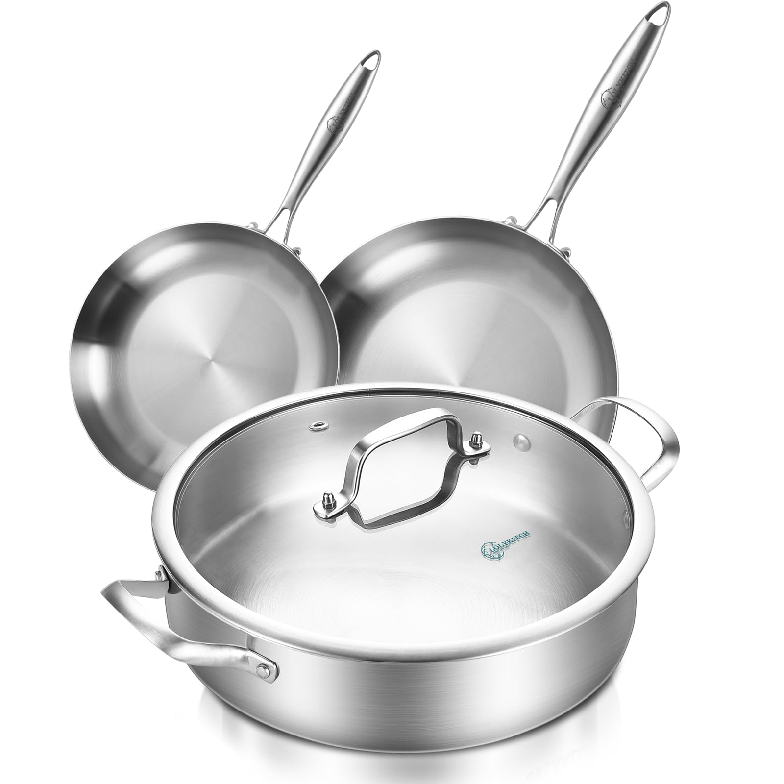 Photo 1 of LOLYKITCH 12 Inch Tri-ply Stainless Steel 5.5 QT Sauté Pan and 8-10 Inch Frying Pan Set of 3,Induction Cookware,Dishwasher and Oven Safe.