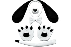DysanVica Dog Long Ears Headband - 5PCS Dog Ears Headband Bowtie Nose Tail Puppy Paw Gloves for Adult Women Halloween Costume Floppy Animal Cosplay Party Accessories Set (Black and White)