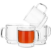 BTaT- Stackable Double Wall Glass Cups, Set of 4 (8 oz, 240 ml), Tea and Coffee Mugs, Cappuccino, Latte Cups, Clear