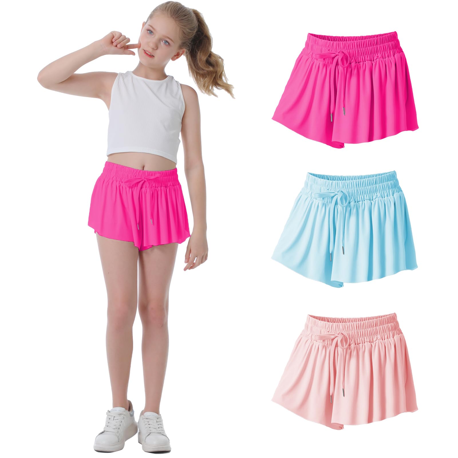 Photo 1 of *ONLY 1 PAIR* Flowy Shorts for Girls Butterfly Shorts for Kids Teens Preppy Tennis Running Athletic Shorts with Liner(Red+Blue+Pink,7-8 Years)