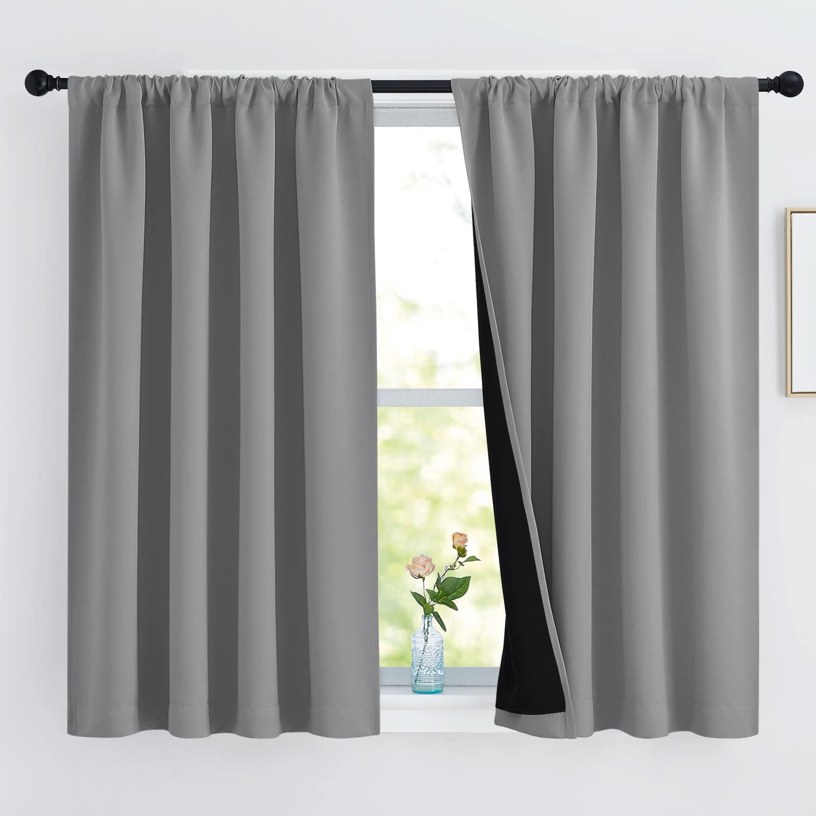 NICETOWN 100% Blackout Curtains with Black Liners, Thermal Insulated Rod Pocket Full Blackout 2-Layer Lined Drapes, Noise Reducing Window Draperies for Nursery (Silver Gray, 2 Panels, 52 W by 54 L) Image