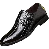 Men's Printed Pointed Toe Monk Strap Oxfords Fashion Comfortable Slip on Loafer Leather Formal Business Office Wedding Dress Shoes