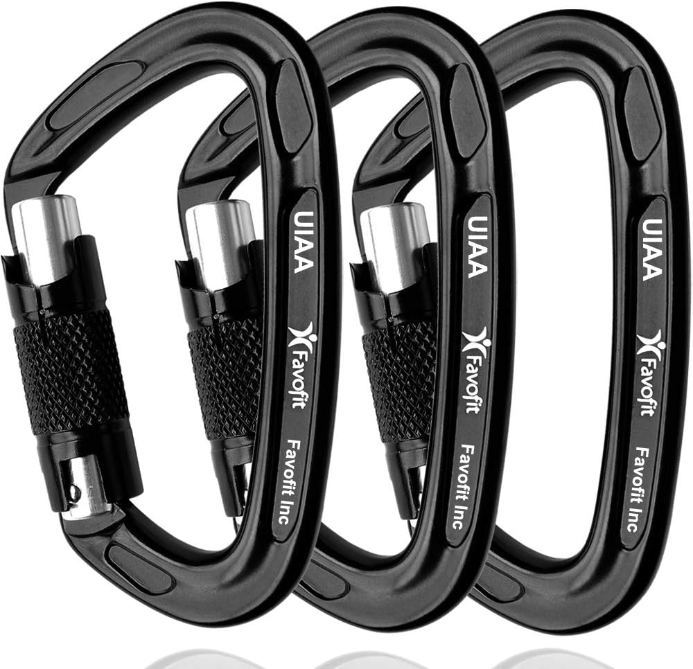 Favofit UIAA Certified Climbing Carabiners (Certificate No.: USA 20-5611), 3 Pack, 25KN (5620 lbs) Heavy Duty Large Locking Carabiner Clips for Rock/Ice Climbing Rappelling Rescue Swing etc, Black : Sports & Outdoors