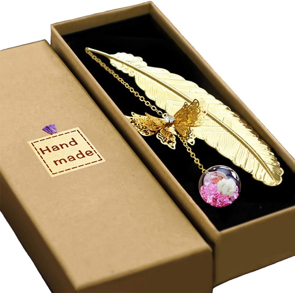 Konrisa Reader Gift Classical Bookmarks Metal Feather Butterfly Pendants with Flower Creative Bookmark for Women Men Perfect Gift for Girls Kids (Gold Color)