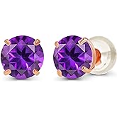 Solid 14K Yellow or White or Rose Gold 6mm Round Genuine Birthstone Gemstone Prong Set Stud Earrings For Women