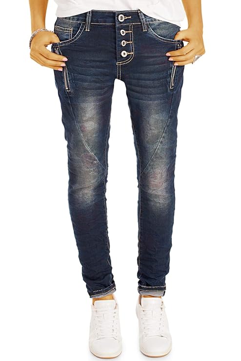 bestyledberlin Damen Print Baggy Hüftjeans im Relaxed Fit - Knopfleiste - Lockere Stretch Jeanshose - j15g-2