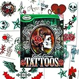 Skull Tattoos For Girls Costume Set (36 Gothic Temporary Tattoos, Including Skulls, Roses, Stars, Hearts and More)