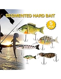 Lixada   Juego de 5 señuelos de pesca con caja de almacenamiento, multi segmento unido, para cebo de natación, anzuelos duros de cebo de crankbait para trucha de bajos, perca