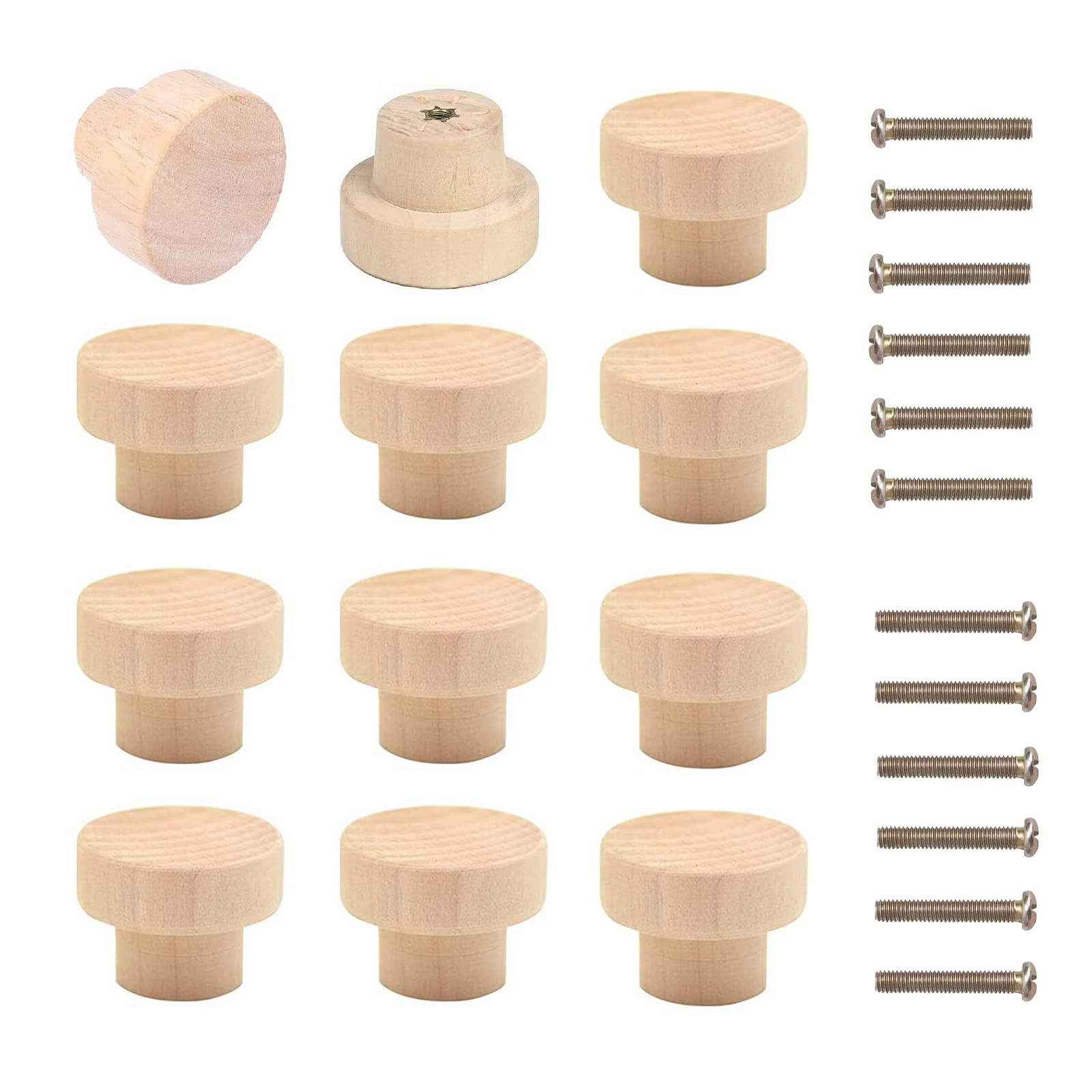 Bymivofun Pack of 12 Round Wooden Furniture Knobs, 35 mm Wooden Drawer Handles, Cabinet Pulls, Furniture Knobs, for Cabinets, Drawers, Cupboard Knobs, Dresser