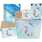 XLRSDF Personalized Gifts Monogrammed Birthday Gifts for Women, Cowerker Bride Wife Sister Wedding Christmas Initial Wine Tumbler Makeup Bag Scented Candle Bracelet Set, (Aesthetic Blue Flower C)