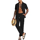 UOUA Mens 2 Piece Linen Set Summer Beach Button Down Short Sleeve Shirt Long Pant Vacation Casual Outfit