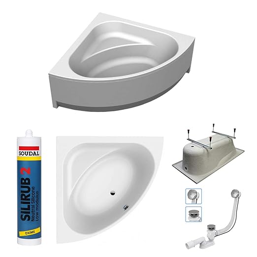 The North Bath SPACE Eckwanne Eckbadewanne 140x140 cm Wanne mit Schürze Ablaufgarniur Silikon und Füßen