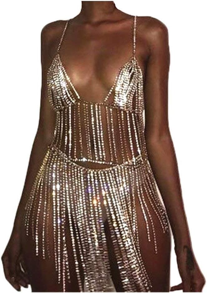 MineSign Sexy Jewelry Set Womens Rhinestone Body Chain Bra Belly Dress Chains for African Swimsuits