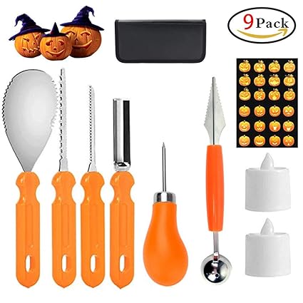 Halloween Kürbis Schnitzset 9 Stück, Edelstahl Kürbis Schnitzwerkzeuge Zum Aushöhlen von Kürbissen Schnitz-Werkzeug mit Aufbe
