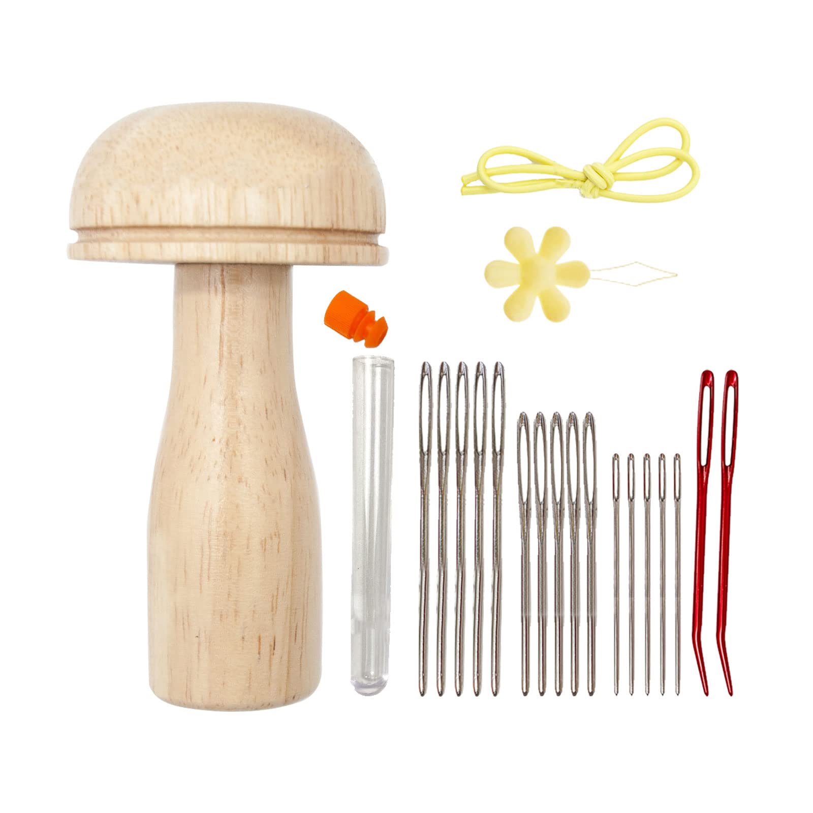 SWTHM Wooden Darning Mushroom Kit, Mending Mushroom with 17pcs Sewing Needles Mushroom Darner for DIY Hand Sewing, Socks, Clothes, Hats, Scarves