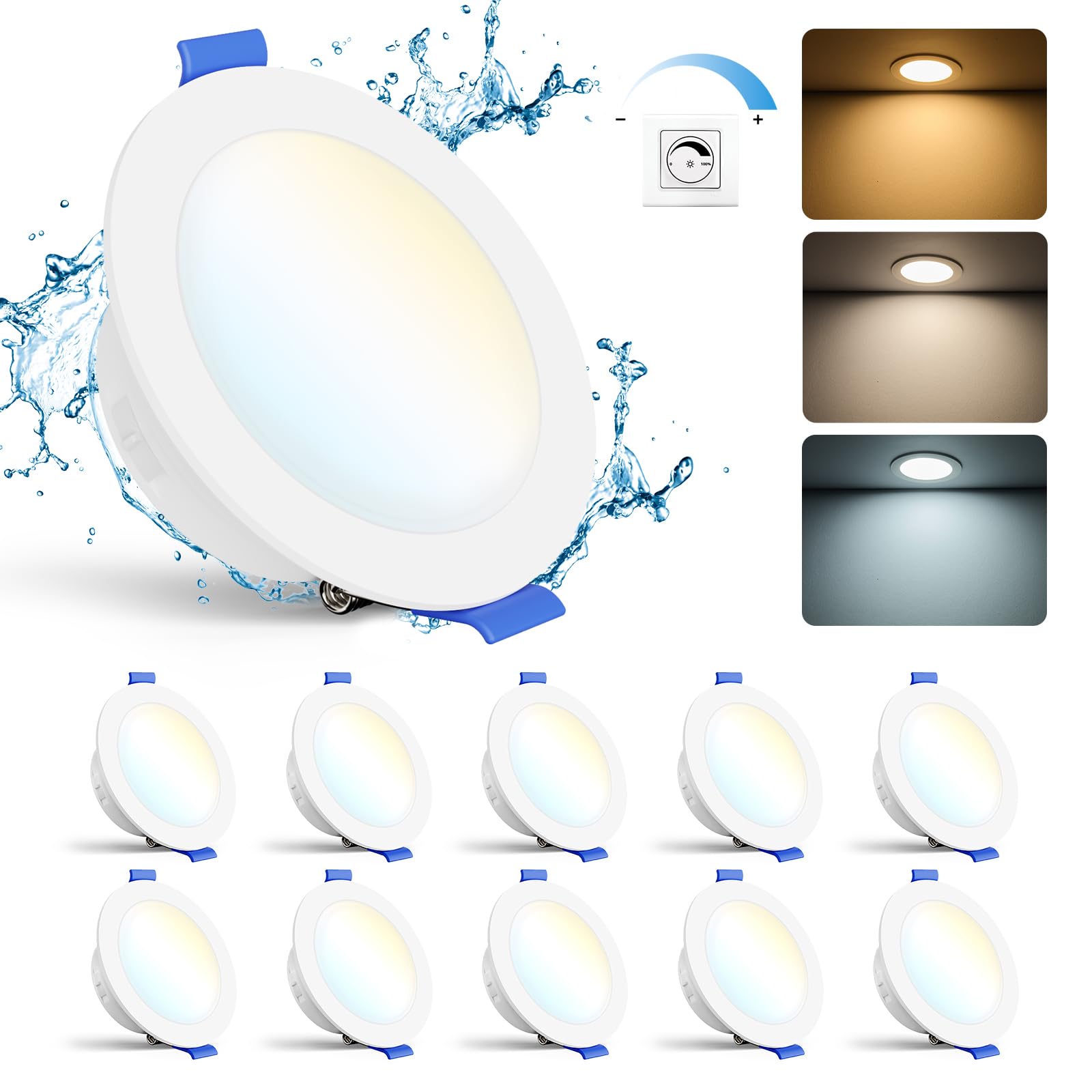 Gr4tec LED Downlights for Ceiling Dimmable, 10 x 6W LED Recessed Ceiling Light Warm White Neutral White Cool White, Bathroom Spotlights IP65 Waterproof, Spot Lights for Kitchen Bedroom, Hole 68-80mm